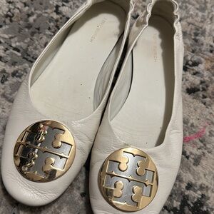 Tory Burch White Leather Flats with Gold Logo